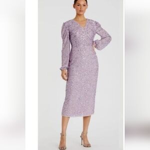 NWOT MACDUGGAL SEQUINED ILLUSION PUFF SLEEVE V-NECK MIDI DRESS